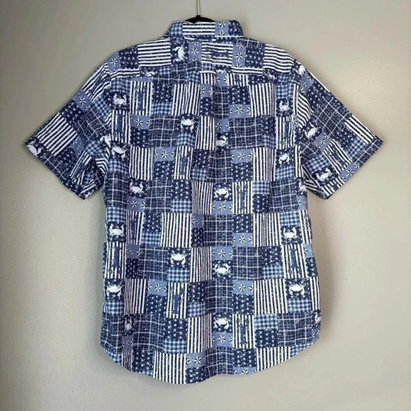 Lands End Large Lobster & Crab Patriotic Patchwork Short Sleeve Button Down Blue - Picture 3 of 5